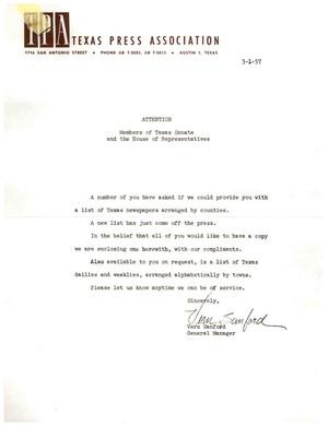 Primary view of object titled '[Letter from Vern Sanford to Members of the Texas State Legislature, March 1, 1957]'.