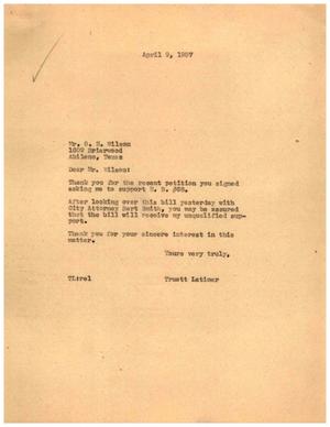 [Letter from Truett Latimer to O. H. Wilson, April 9, 1957]