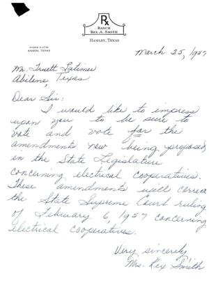 [Letter from Mrs. Rex Smith to Truett Ltimer, March 25, 1957]