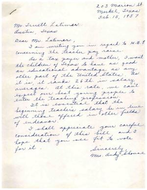 [Letter from Mrs. Andy Shouse to Truett Latimer, February 15, 1957]