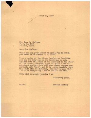 [Letter from Truett Latimer to Jason M. Shelton, April 10, 1957]