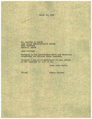[Letter from Truett Latimer to Shelley V. Smith, March 12, 1957]