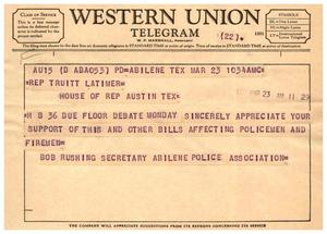 [Telegram from Bob Rushing to Truett Latimer, March 23, 1957]