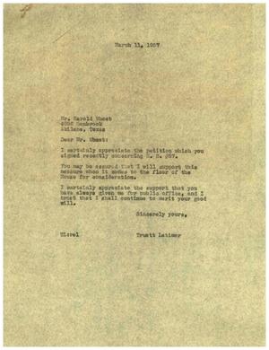 Primary view of object titled '[Letter from Truett Latimer to Harold Wheat, March 11, 1957]'.