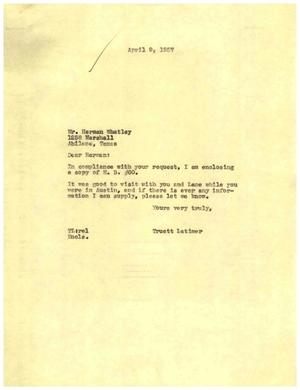 [Letter from Truett Latimer to Herman Whatley, April 9, 1957]