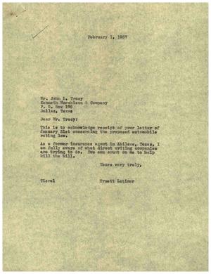 [Letter from Truett Latimer to John L. Tracy, February 1, 1957]