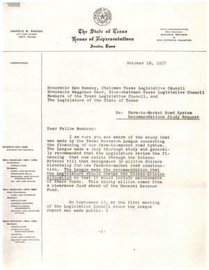[Letter from Harold B. Parish to the Texas Legislative Council, October 18, 1957]