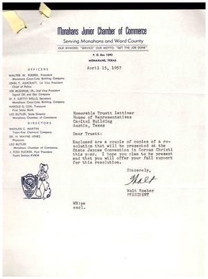 [Letter from Walt Roeber to Truett Latimer, April 15, 1957]