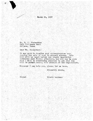 [Letter from Truett Latimer to M. F. Richardson, March 15, 1967]