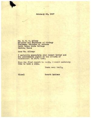 Primary view of object titled '[Letter from Truett Latimer to J. K. G. Silvey, February 28, 1957]'.