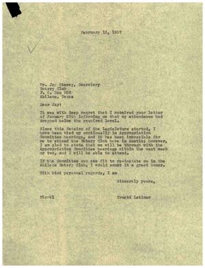 [Letter from Truett Latimer to Jay Storey, February 13, 1957]