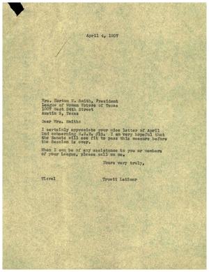 [Letter from Truett Latimer to Mrs. Horton W. Smith, April 4, 1957]
