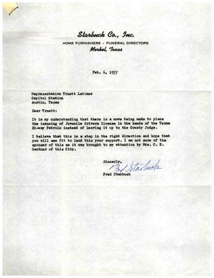 [Letter from Fred Starbuck to Truett Latimer, February 6, 1957]