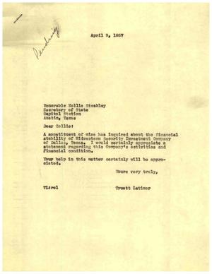 [Letter from Truett Latimer to Zollie Steakley, April 9, 1957]