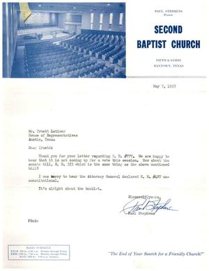 [Letter from Paul Stephens to Truett Latimer, May 7, 1957]