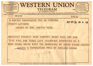 [Telegram from Louis N. Thomas to Truett Latimer, April 26, 1957]