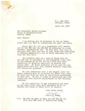 Primary view of [Letter from Alvin H. Woody to Truett Latimer, April 25, 1957]
