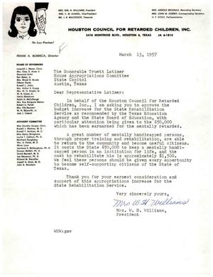 [Letter from W. H. Williams to Truett Latimer, March 13, 1957]