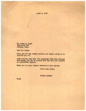 [Letter from Truett Latimer to James M. Pogue, April 9, 1957]