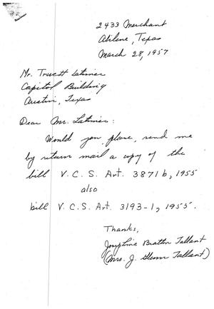 [Letter from Josephine Bratton Tallant to Truett Latimer, March 28, 1957]