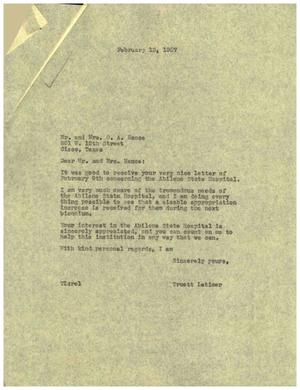 [Letter from Truett Latimer to Mr. and Mrs. O. A. Nance, February 13, 1957]