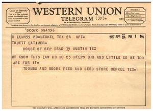[Telegram from Toombs and Moore Feed and Seed Store, April 24, 1957]