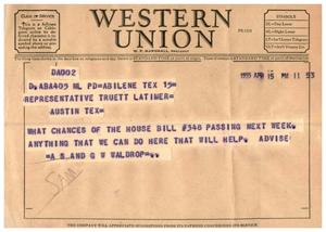 [Telegram from A. S. Waldrop and G. W. Waldrop to Truett Latimer, April 15, 1955]