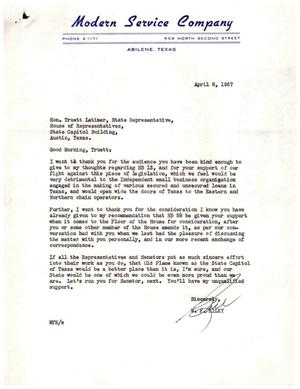 [Letter from W. F. Riley to Truett Latimer, April 6, 1957]