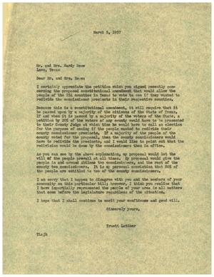 Primary view of object titled '[Letter from Truett Latimer to Mr. and Mrs. Hardy Rose, March 5, 1957]'.