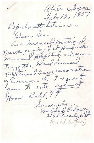 [Letter from Edris Ridgway to Truett Latimer, February 12, 1957]