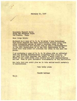 [Letter from Truett Latimer to Maxwell Welch, February 15, 1957]