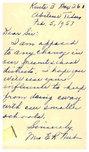 [Postcard from Mrs. E. R. Neeb to Truett Latimer, February 5, 1957]