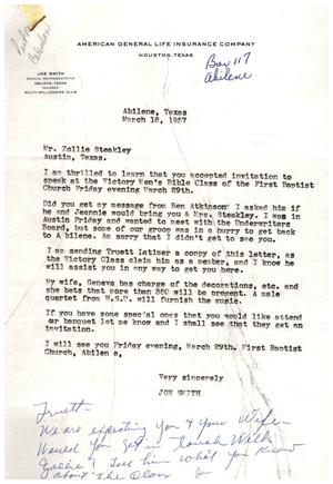 [Letter from Joe Smith to Zollie Steakley, March 18,1957]