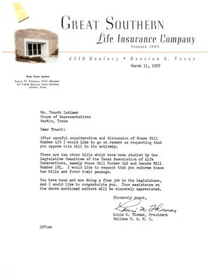 [Letter from Louis N. Thomas to Truett Latimer, March 11, 1957]