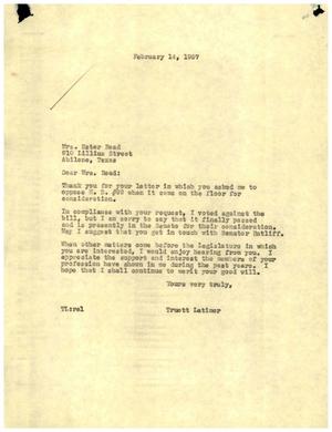 [Letter from Truett Latimer to Ester Read, February 14, 1957]