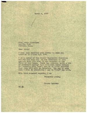 [Letter from Truett Latimer to Betty Nicholson, April 4, 1957]
