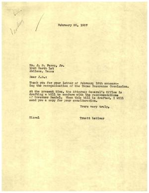[Letter from Truett Latimer to J. D. Perry, Jr., February 20, 1957]