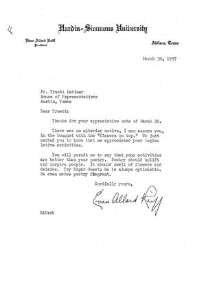 [Letter from Evan Allard Reiff to Truett Latimer, March 30, 1957]