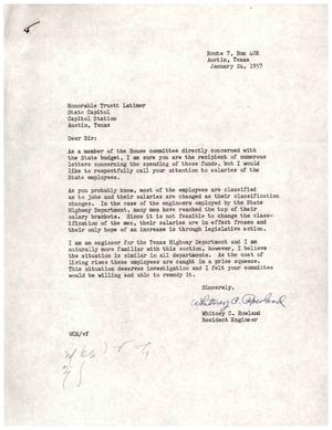[Letter from Whitney C. Rowland to Truett Latimer, January 24, 1957]