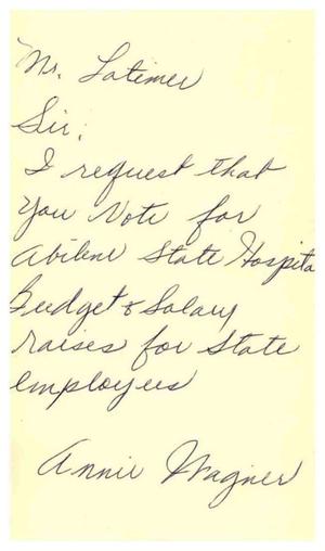 Primary view of object titled '[Postcard from Annie Wagner to Truett Latimer, January 12, 1957]'.