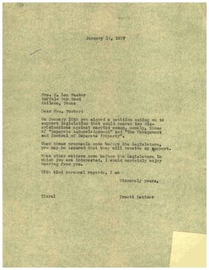 Primary view of object titled '[Letter from Truett Latimer to Mrs. H. Leo Tucker, January 14, 1957]'.