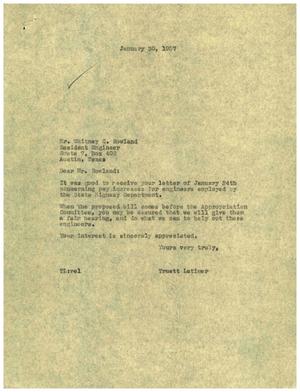Primary view of object titled '[Letter from Truett Latimer to Whitney C. Rowland, January 30, 1957]'.