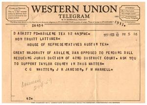 [Telegram from C. G. Whitten, J. R. Jameson and F. M. Harrell to Truett Latimer, February 12, 1957]