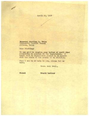 Primary view of object titled '[Letter from Truett Latimer to Sterling L. Price, April 26, 1957]'.