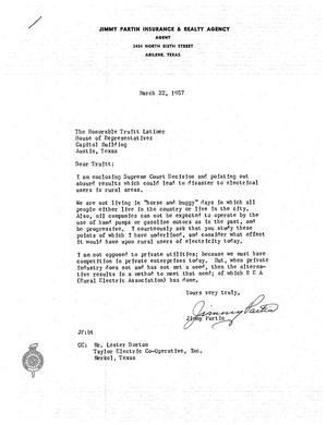 [Letter from Jimmy Partin to Truett Latimer, March 22, 1957]