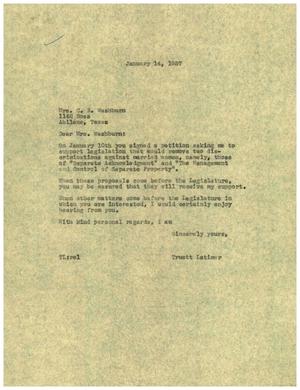 [Letter from Truett Latimer to Mrs. C. R. Washburn, January 14, 1957]