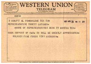 [Telegram from Wilkies Fine Foods, April 23, 1957]
