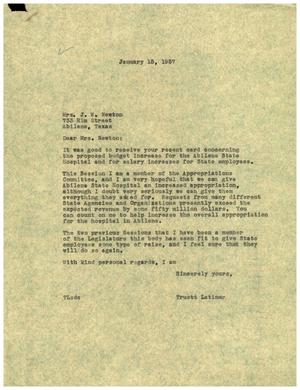 [Letter from Truett Latimer to Mrs. J. W. Newton, January 15, 1957]