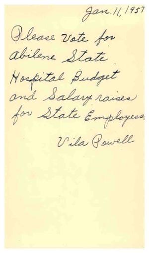 [Postcard from Vila Powell to Truett Latimer, January 11, 1957]