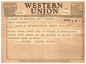 [Telegram from J. M. Waltrip, May 4, 1955]